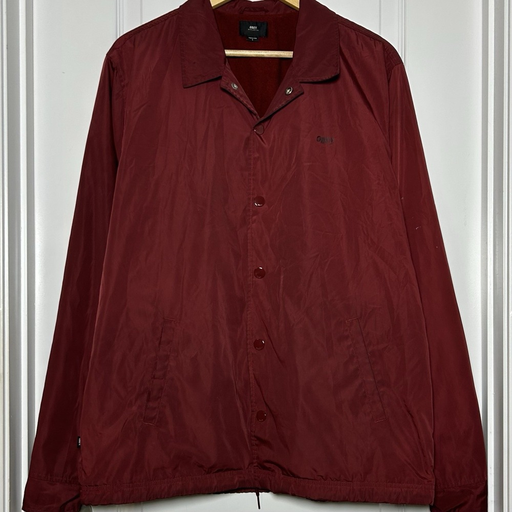 OBEY Worldwide Burgundy Logo Snap Front Collared Windbreaker Coaches Jacket